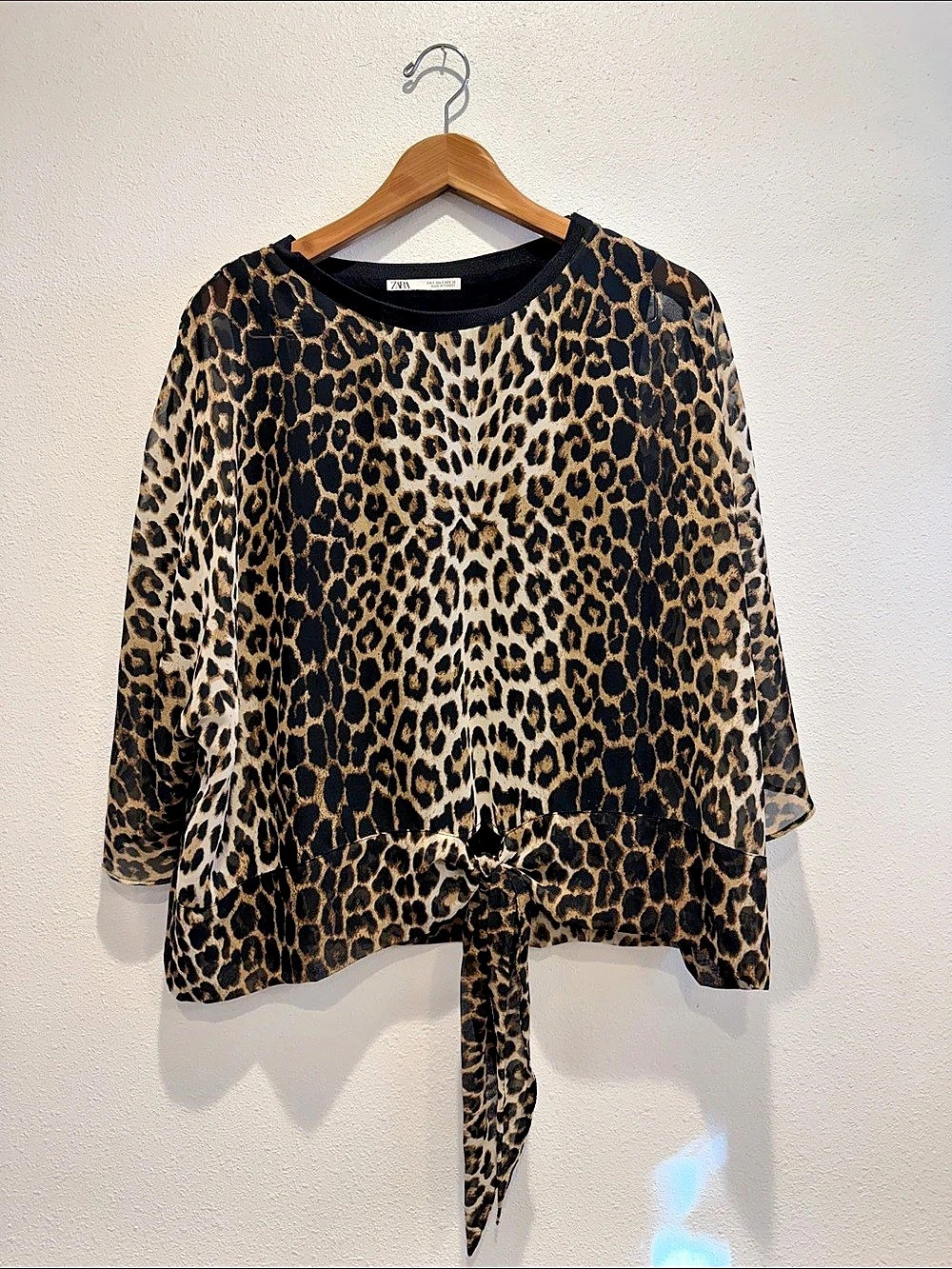Zara Leopard Print Tie-Front Blouse in Brown & Black Size Medium